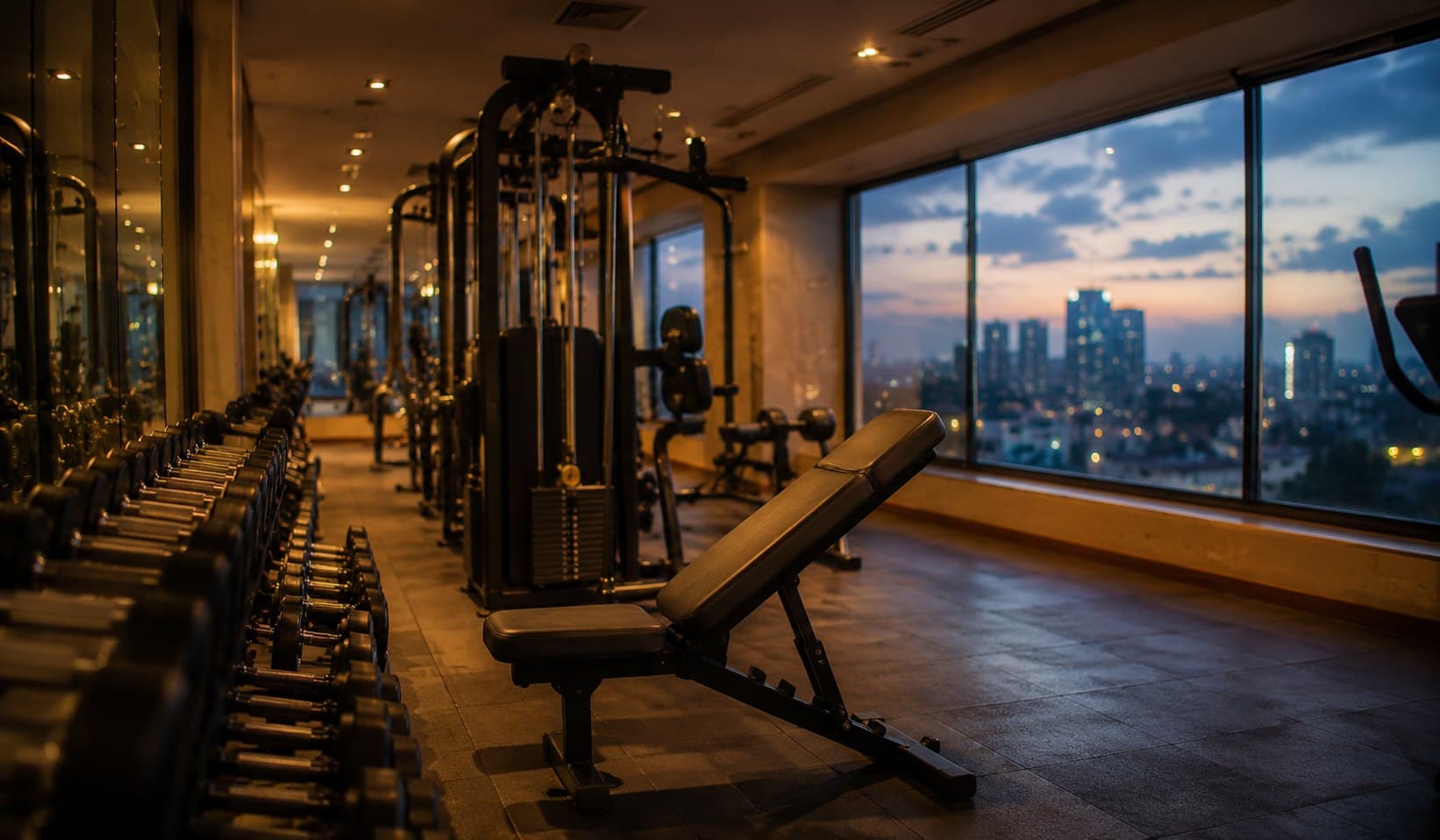 A premium apartment-community gym at dusk with floor-to-ceiling windows