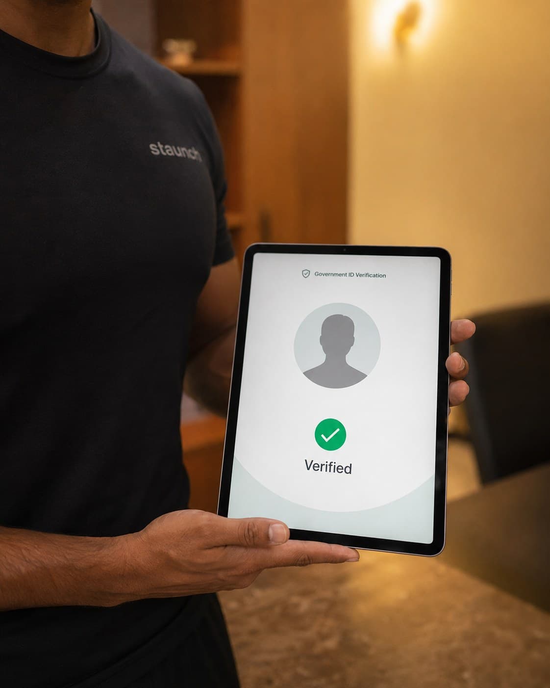 Staunch trainer holding a tablet showing the verified-trainer onboarding screen