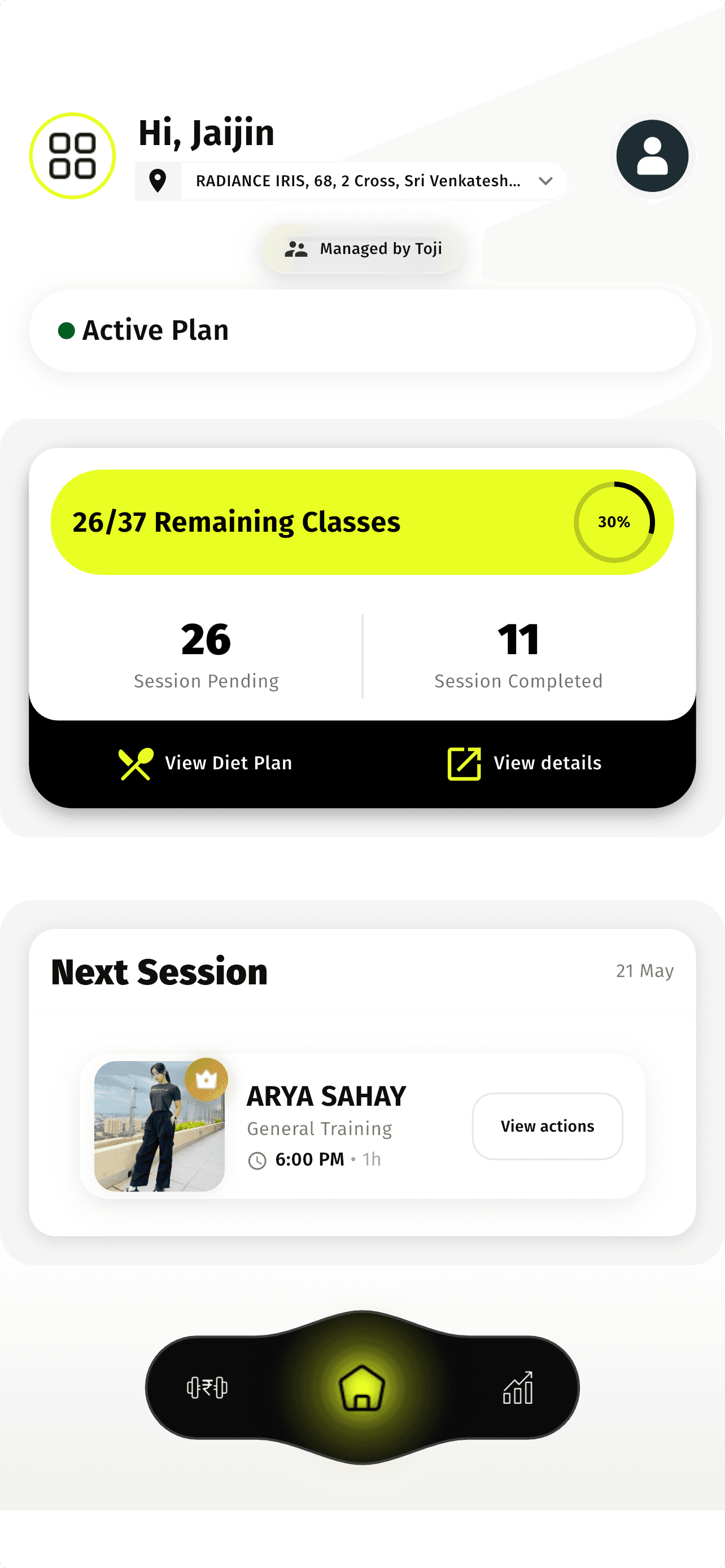 Staunch app — active plan dashboard with remaining sessions and today’s next session