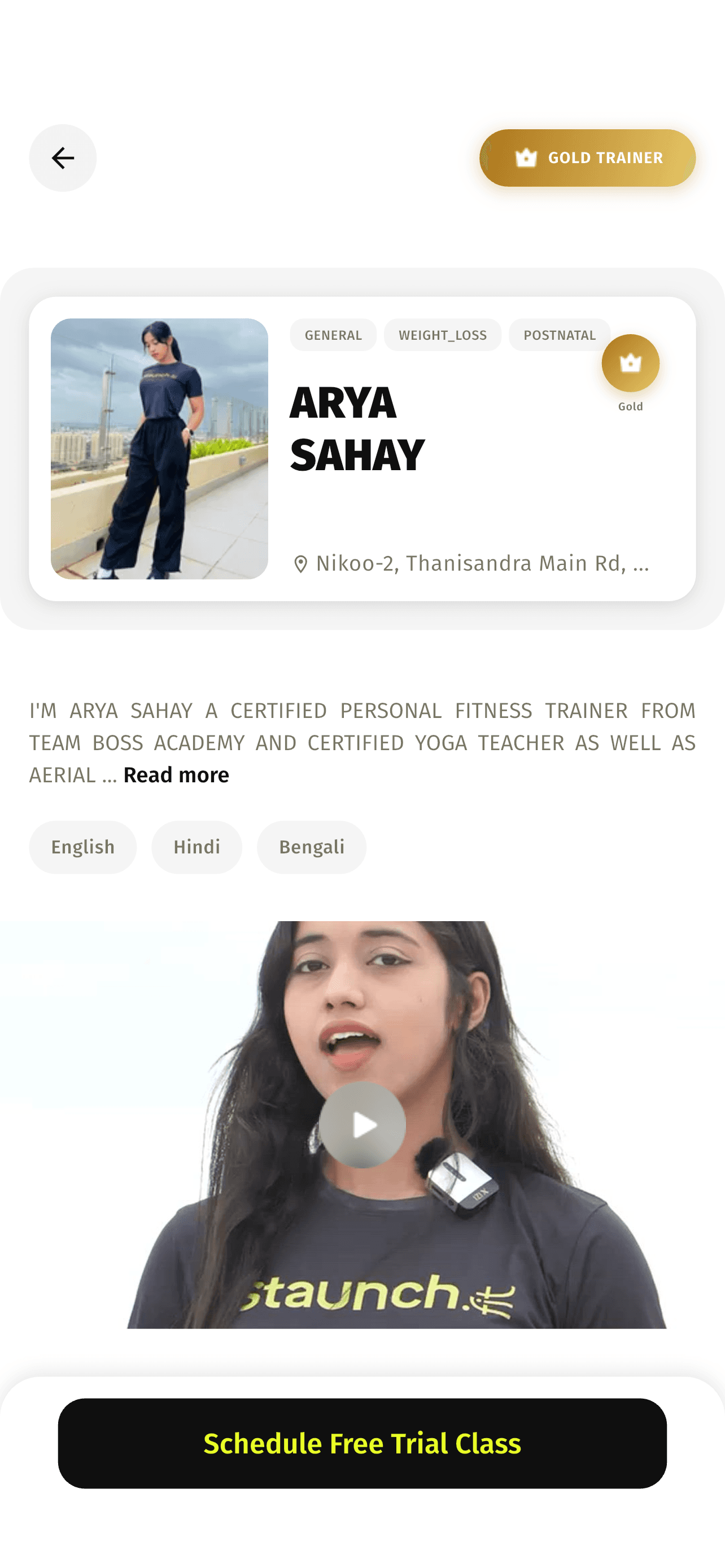 Staunch app — trainer profile with Gold tier badge, specialisations, intro video, and Schedule Free Trial CTA