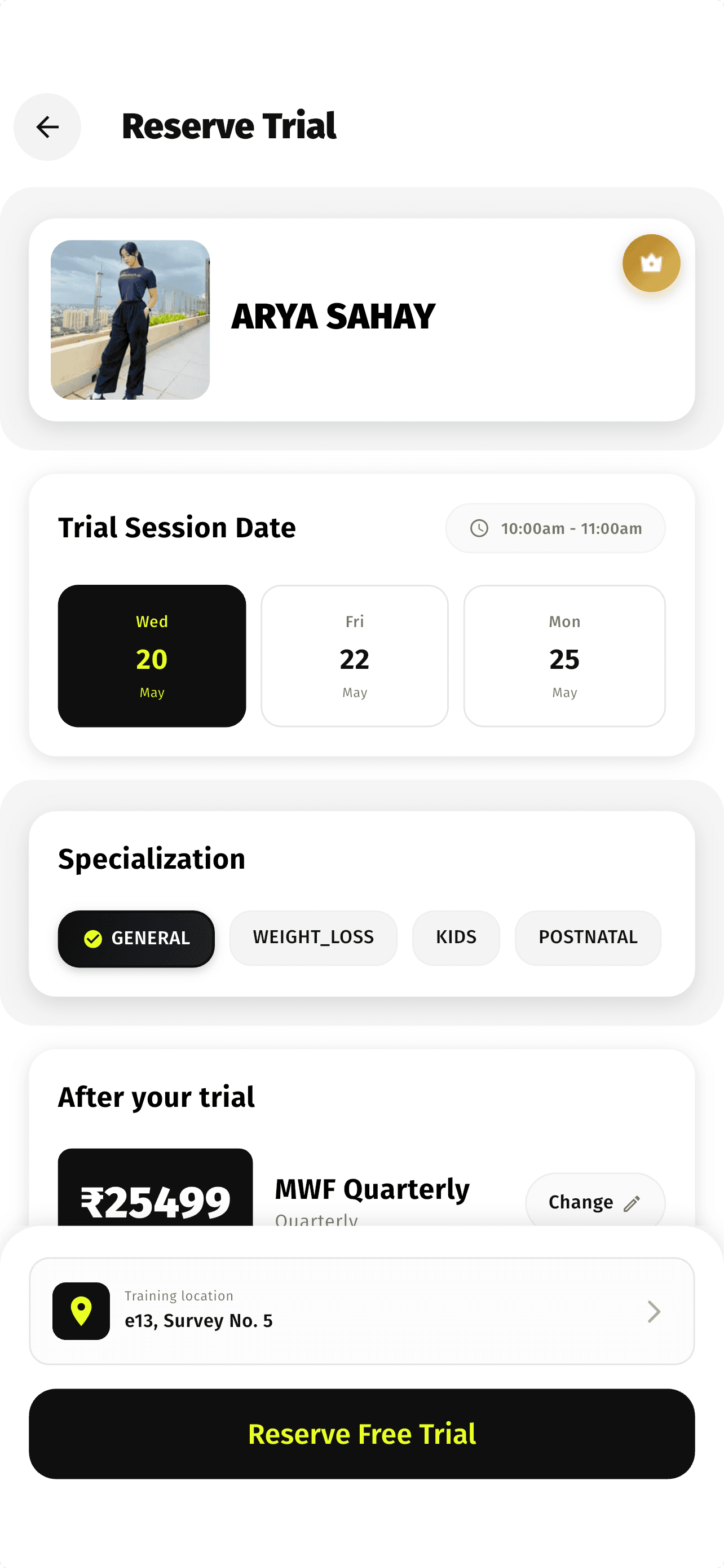 Staunch app — Reserve Trial with date, specialisation, and Reserve Free Trial CTA